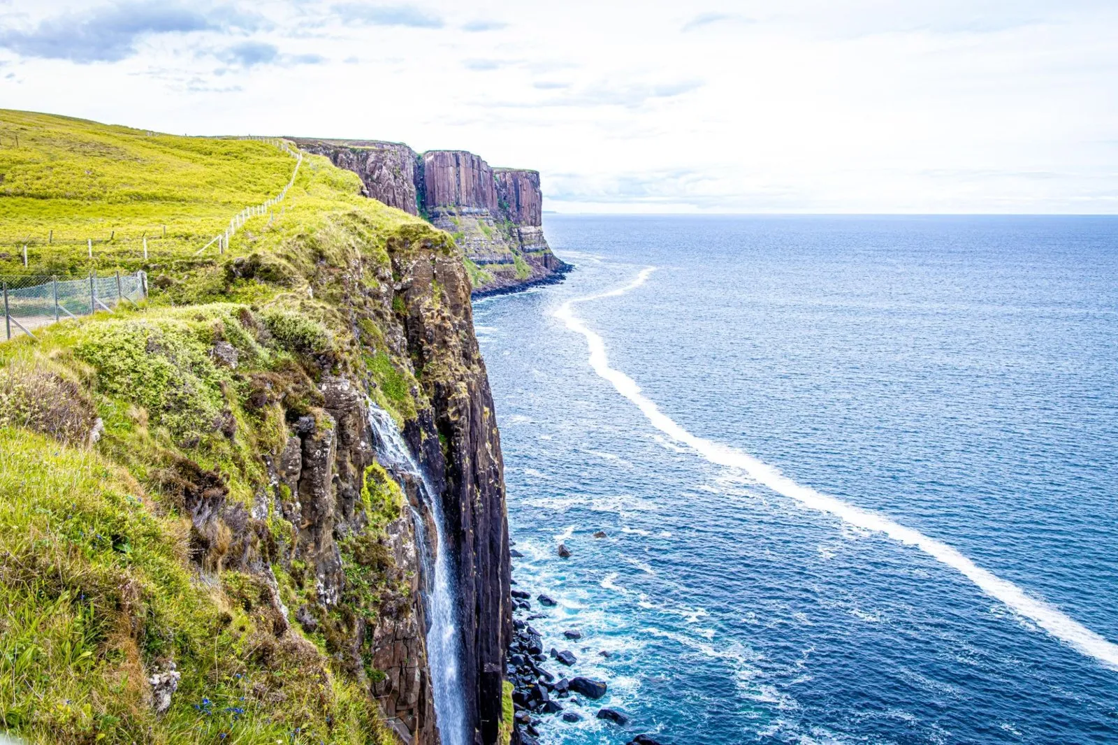 Steep coastal cliffs with a waterfall dropping directly into the ocean.